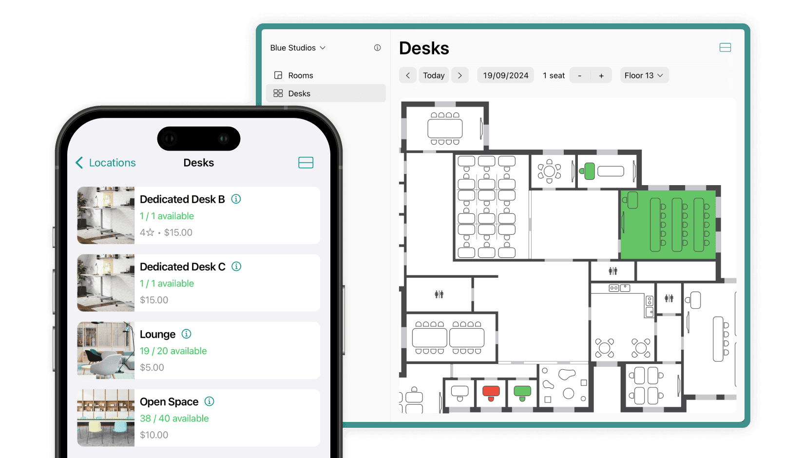 Desk booking system on Spacebring coworking space management software