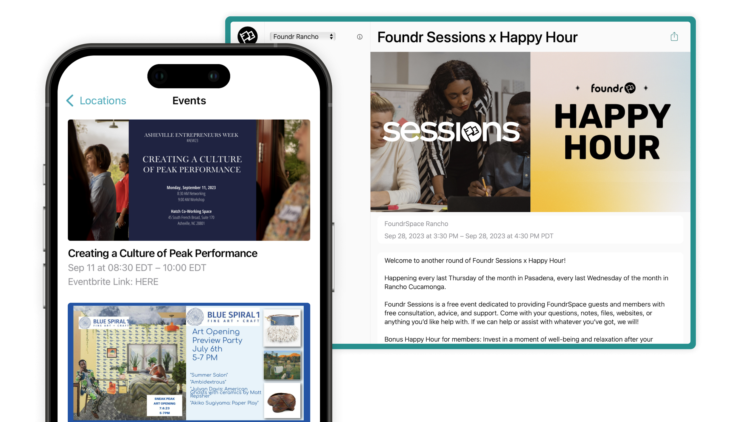 Events on FoundeSpace app developed by Spacebring
