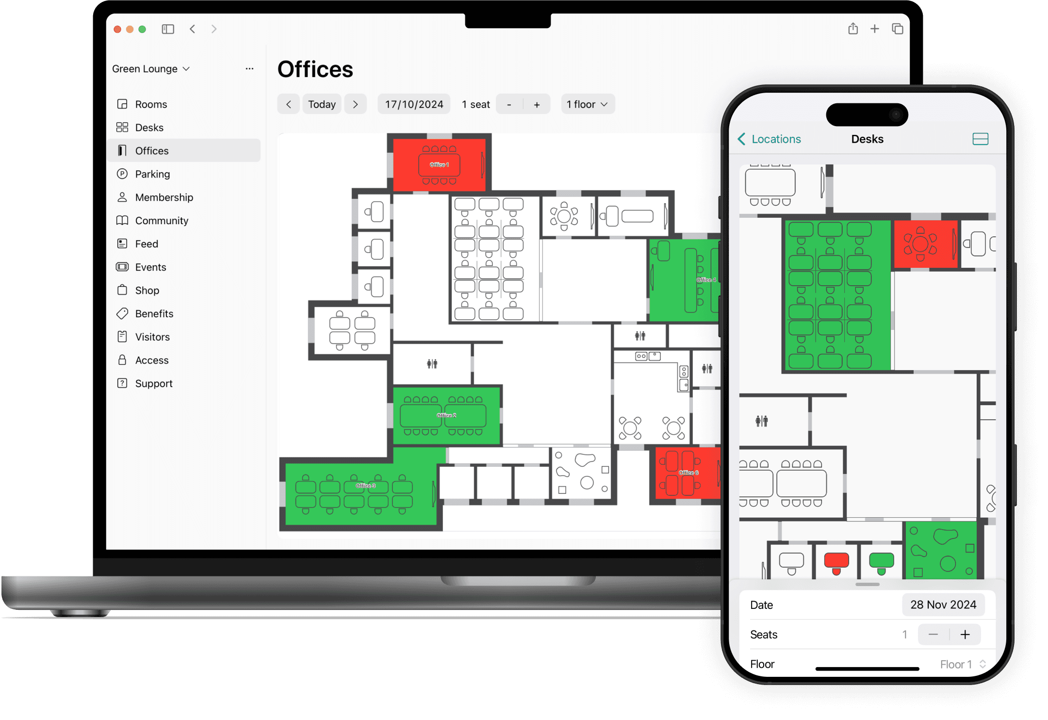 Floor plans for co-working space booking