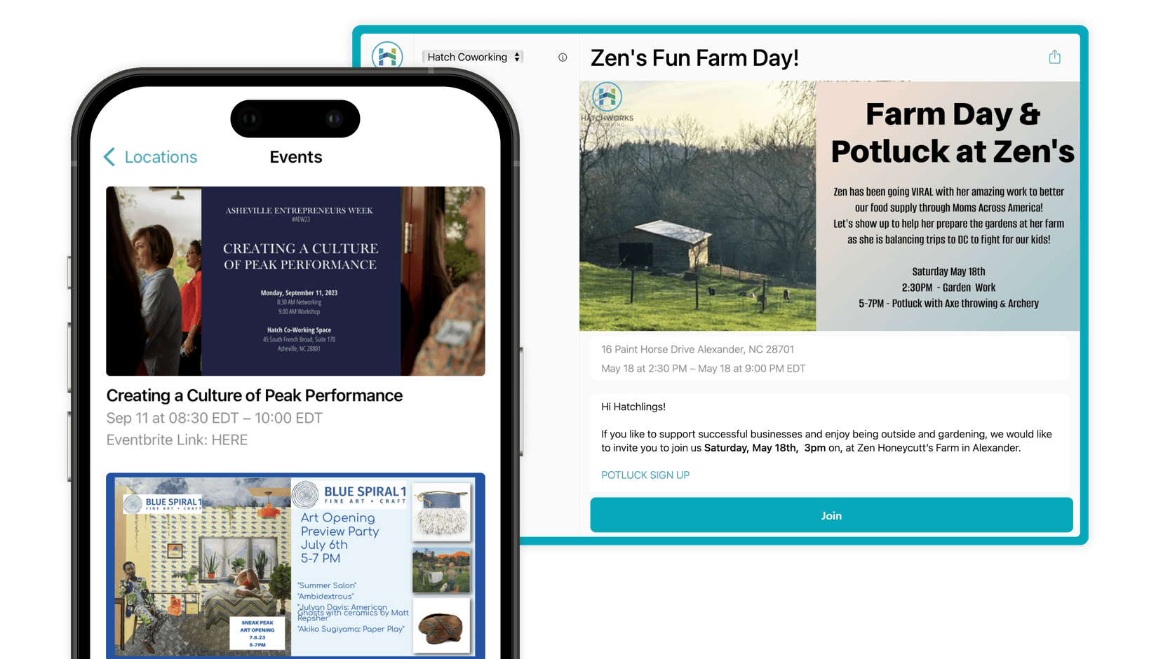 Events on Hatchworks Coworking app developed by Spacebring