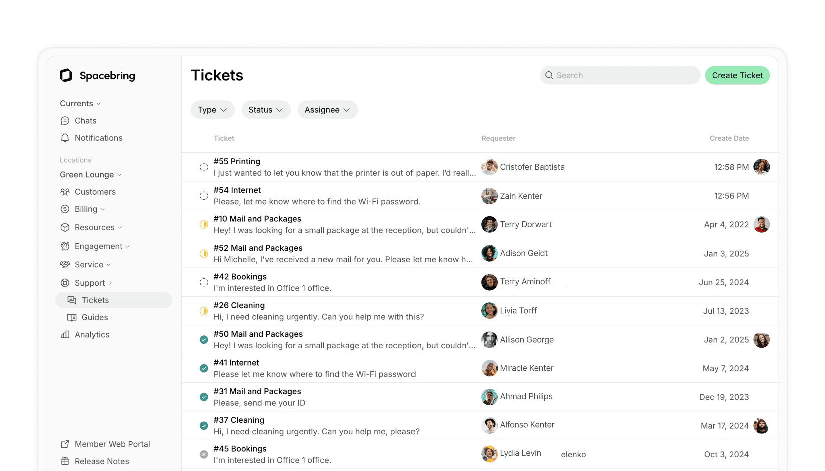 Spacebring support system for coworking spaces - support page with a list of tickets organized by type, status, date, assignee & ticket details page with activity.