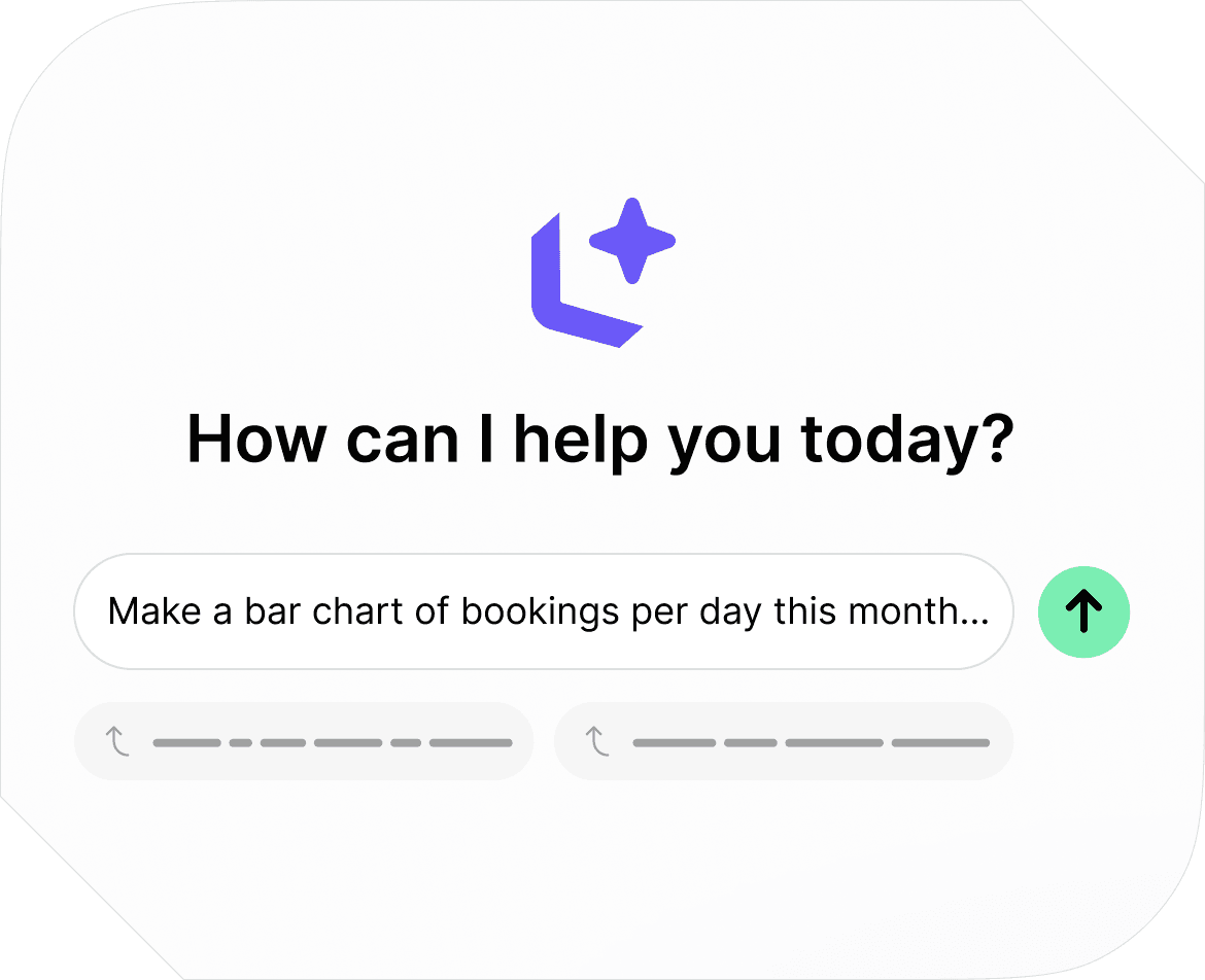 The Lem AI prompt screen in Spacebring, demonstrating how to ask for data visualizations like a bookings bar chart.