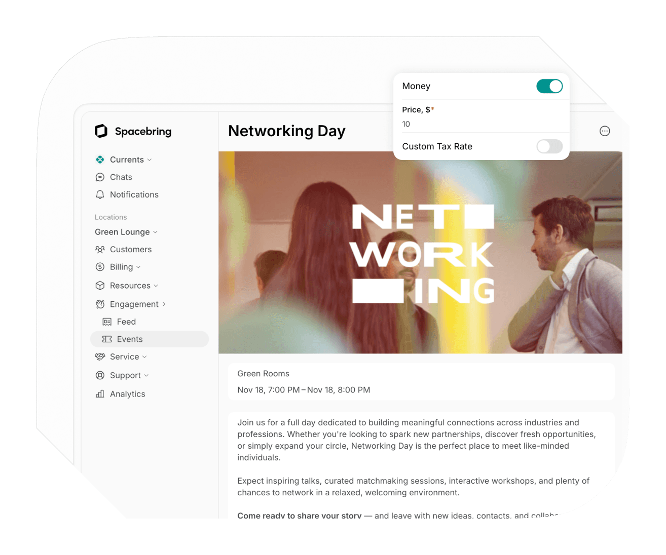 Creating and managing events in Spacebring