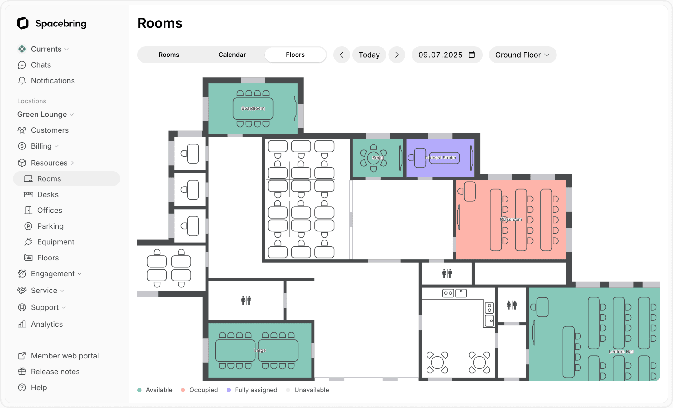 Floor plans for co-working space booking