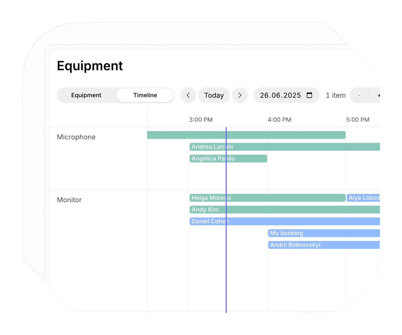 Equipment booking in Spacebring