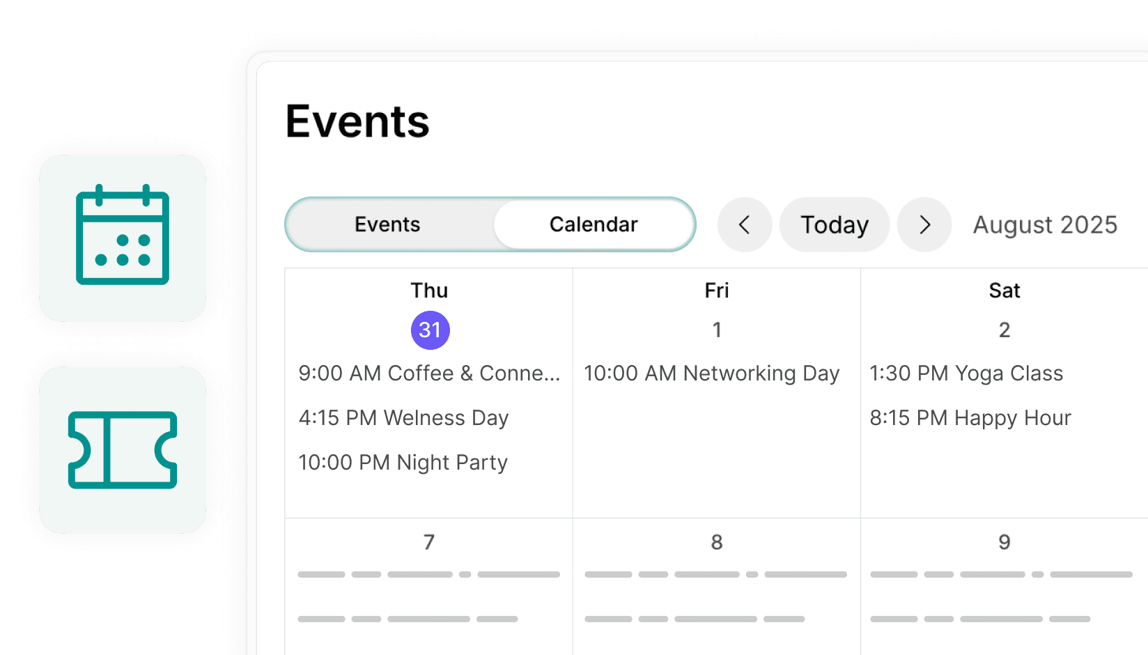 Monthly calendar view for events