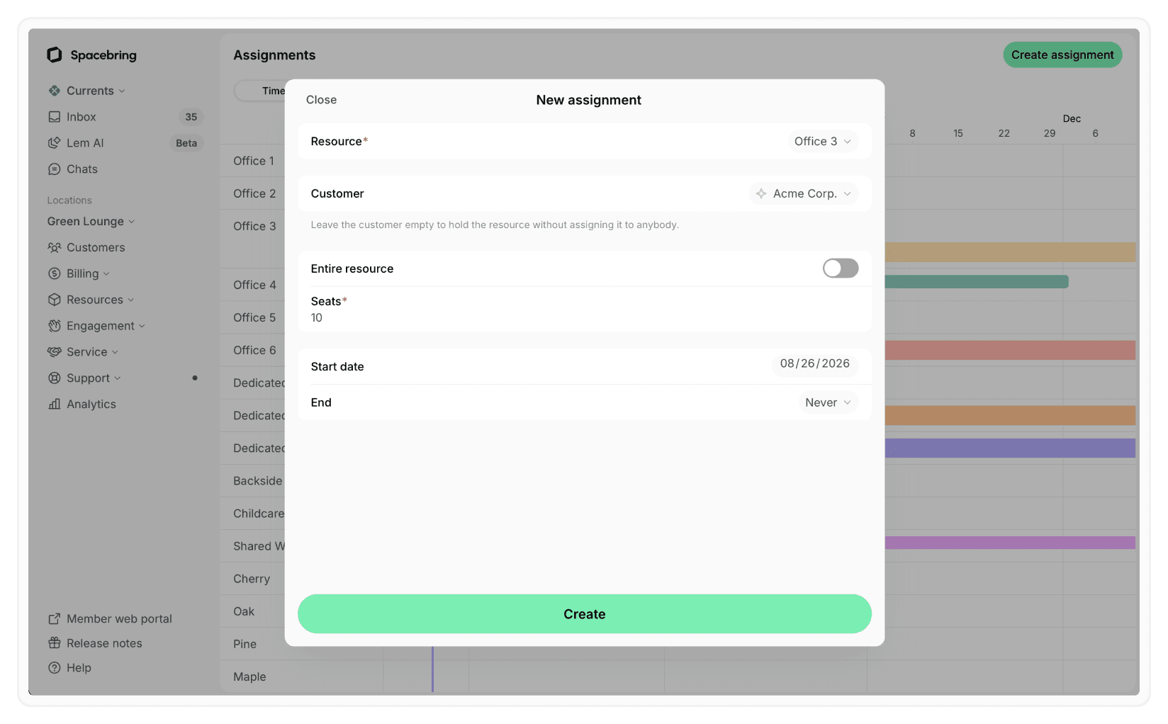Direct assignment of resources on Spacebring