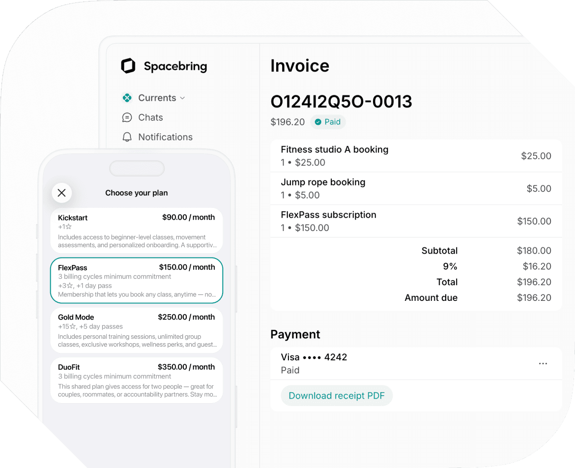 Invoicing and memberships in Spacebring fitness studio management software