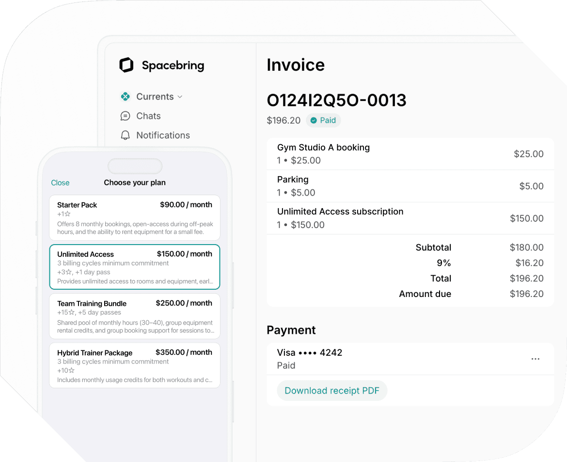 Invoicing and memberships in Spacebring fitness studio management software