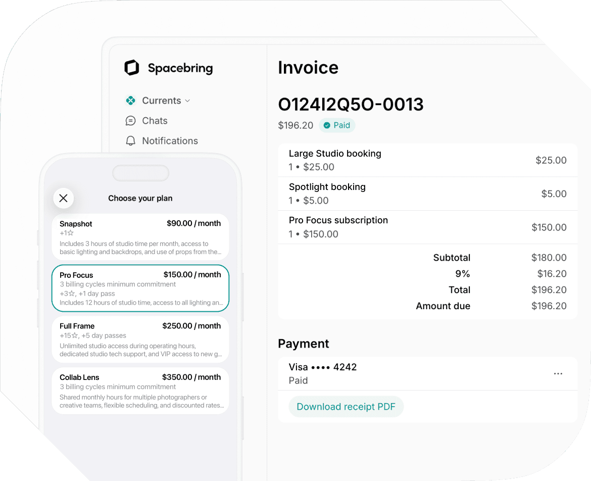Managing subscriptions in Spacebring photo studio management software