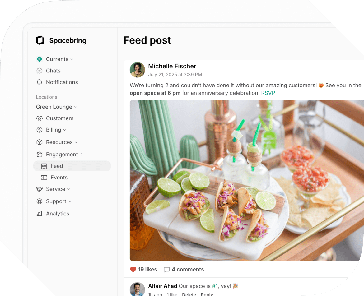 Community building tools for shared kitchens in Spacebring Coworking management software